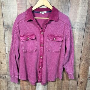 Briggs Pink Cotton Blend Waffle Knit Mixed Media Button Down Shacket Shirt Large
